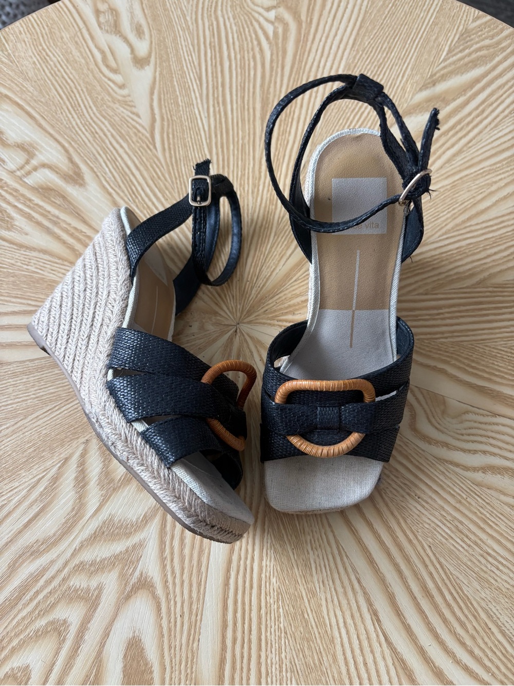 Dolce Vita Black Wedge Sandals with Tan Buckle Detail
